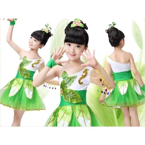 The new grass ballet costumes children dance performances take jasmine green quickly long veil leaves children clothing
