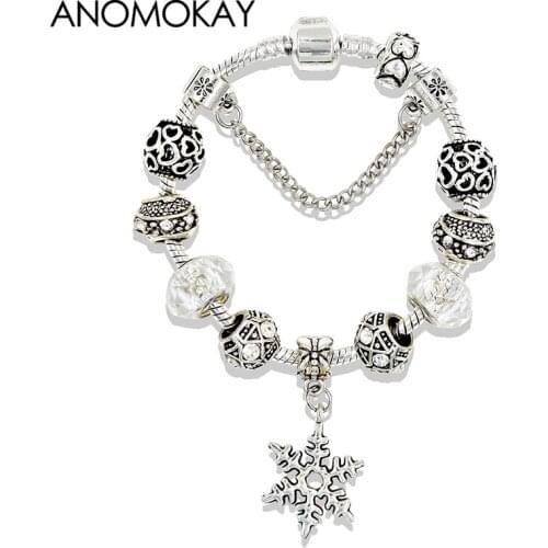 Anomokay Silver Color Snowflake Charm Bracelets & Bangles European Friendship Crystal Bead Bracelets Pulseira Feminina