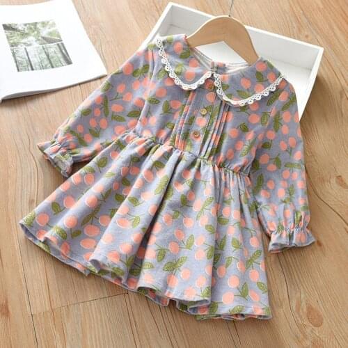 Girls Dress Long Sleeve Elastic Waist Cherry Design Sweet Princess Autumn Baby Dresses