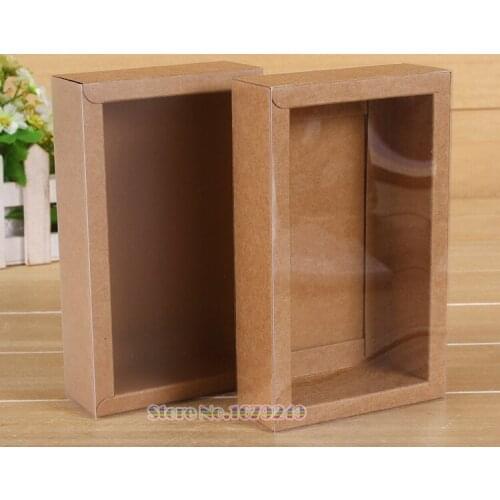 26x12x6cm Clear Transparent PVC Window Clear Brown paper box with pvc plastic window paper Drawer box gift packing 100pcs/lot