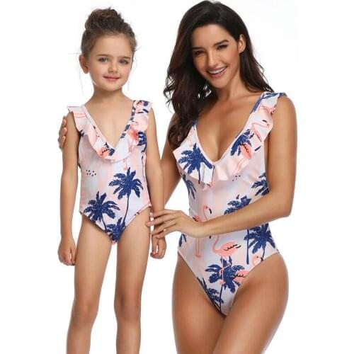 Family Matching Swimsuit Mother Daughter Summer Clothes Print Flower Woman Girls Swimwear Holidays Family One Piece Beachwear