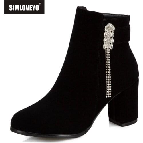 SIMLOVEYO New arrival Womens ankle boots High Square heels Flock Buckle Zipper Rhinestone Glitter Fashion Casual Female S2396
