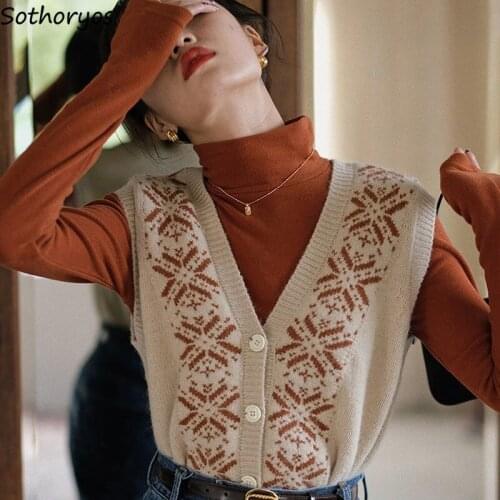 Sweater Vest Women Vintage Fashion Streetwear All-match Chic Printed Autumn Female Indie Clothes Aesthetic Single-breasted Loose