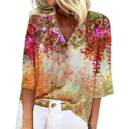 Loose Lady T-Shirt Three Quarter Sleeve Floral Print V Neck Blouse Women Accessory for Office