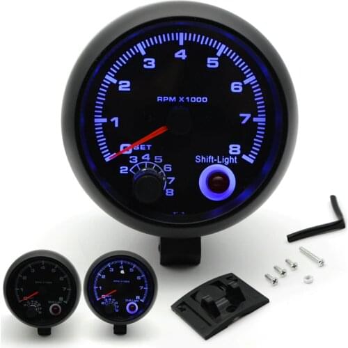 3.75" 95mm Tachometer RPM Gauge Black Face Blue LED 0-8000 rpm For warning function