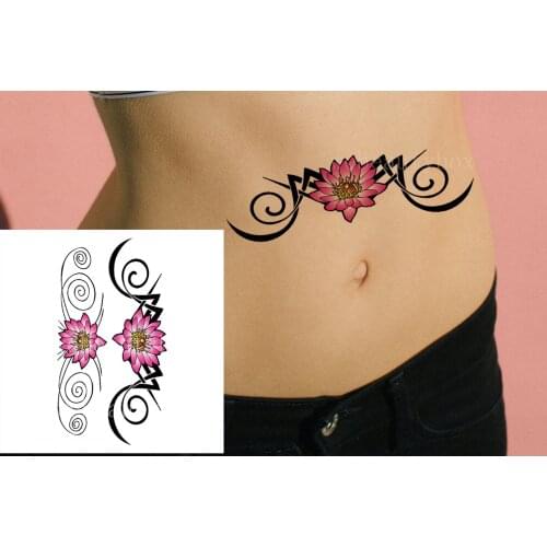 Fake Tattoo Sticker for Woman Girl Pink Flowers Lotus Totem Temporary Tattoos Belly Waist Waterproof Tatoo Body Transfer Tatto