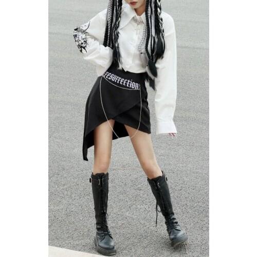 Ruibbit Summer Punk Gothic Harajuku Vintage Black Skirt Fashion Loose Female A-line Asymmetric Short Skirts Chain Embroidery