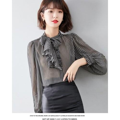 Blouse Female 2021 Summer Spring Blouses Shirt Plus Size Bowknot Shirt for Women Plaid Lantern Long Sleeve Ruffle Shirts