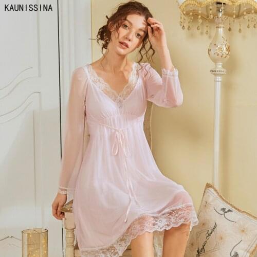 Vintage Princess Night Dress Women Sexy V-Neck Lace Sleepshirts Nightgown Long Sleeve Short Nightdress Female Cotton Sleepwear