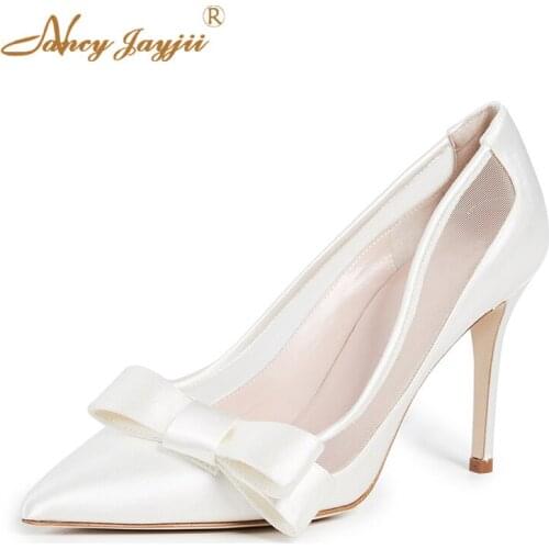 Lizzi 10cm White Marriage Pumps Woman Wedding Sexy Satin Elegant Autumn Thin Heel Shallow Butterfly-knot Size 39 40 38 Fashion