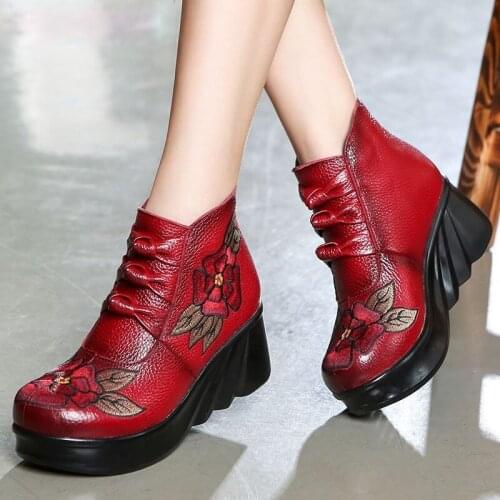 Female Embossed Floral Genuine Leather Boots Red Rose High Heel Ankle Boots Elegant Ladies Shoes Women Shoes Botas Mujer 2020