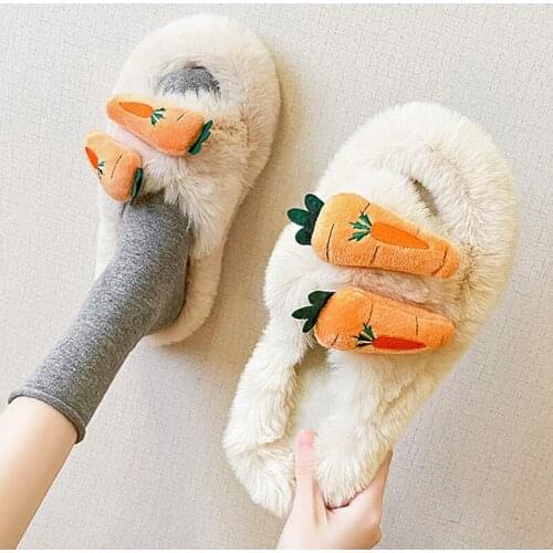 Women House Slippers Female Faux Fur Thick Bottom Cartoon Home Shoes Ladies Warm Plush Lovely Flat Soft Womens Footwear Slipper