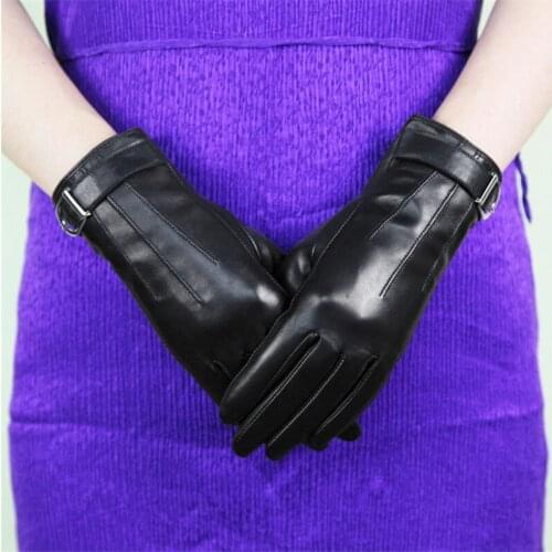 Genuine Leather Gloves Female D-Ring Buckle Winter Warm Plus Velvet Thicken Fashion Black Sheepskin Woman Gloves DQ112
