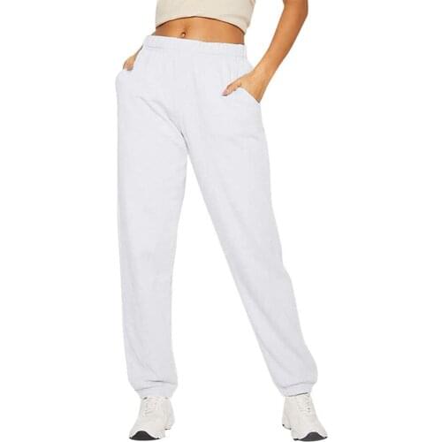 Women Casual Solid Color Sport Pants, Elastic Waist Ankle Cuff Loose Sweatpants with Pocket