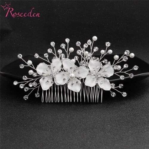 Romantic Women Handmade White Flower Wedding Hair Combs Bridal Headpieces Ladies Crystal Pearl Wedding Hair Accessories RE3623