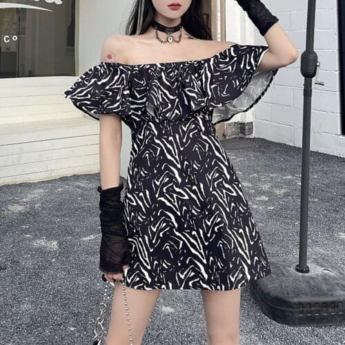 2021 Summer New One Shoulder Ruffle Printing High Waist Womens Dress Fashion Designer Hipster Sexy Strapless Temperament