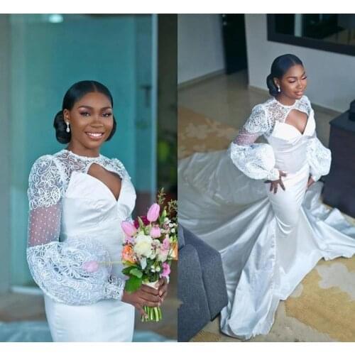 Long Sleeves Mermaid Wedding Dress Illusion Lace Applique African Plus Size Bridal Gown Court Train Satin Vestido De Novia Marra