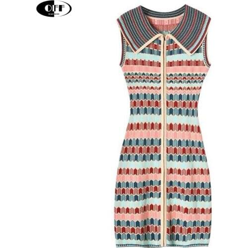 Summer knitted mini Dress Women Turn Down callar Color Block Stripe Knitting Bodycon Female Front Zipper Slim Sweater Dresses