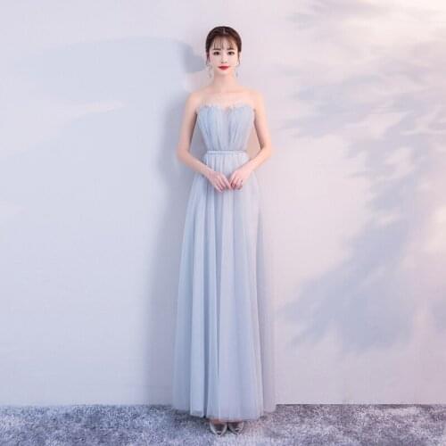 Sweetheart Sleeveless Floor-Length Tulle Backless Sisters grey Wedding Banquet strapless Evening Dresses Vestido Longo 879