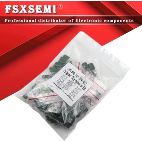 18values*10pcs=180pcs Polyester film capacitor Assorted Kit contains 2A104J 2A332J 2A472J 2A103J 2A333J 2A473J 2A563J 2A223J