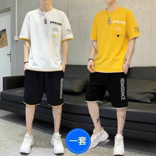 2pc/1set Mens Casual T-shirt + Short Pants Suit Summer Short Sleeve Korean Slimming Logo Shorts Sports Clothes Two Piece Set
