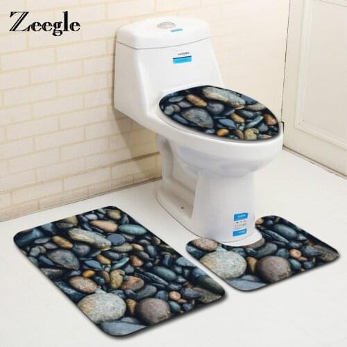 Zeegle 3Pcs Stone Pattern Bathroom Toilet Carpets Soft Flannel Bath Mats Set Anti-slip Bathroom Floor Rugs Toilet Rug Lid Cover
