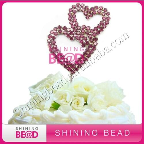 Free shipping!Fushia double heart wedding rhinestone cake topper