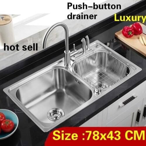 Free shipping Apartment high quality push-button drainer kitchen double groove sink 304 stainless steel hot sell 78x43 CM