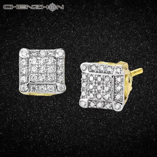 CHENZHON Square Paved Cubic Zircon Stud Earrings For Men 925 Sterling Silver Hip Hop Jewelry Date Gift Box Gold/Silver Color