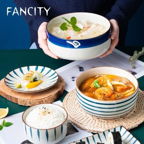 FANCITY Noodle Bowl Ceramic Bowl Household Tableware Creative Large Bowl Japanese Noodle Bowl Fruit Salad Bowl Ramen Bowl Large