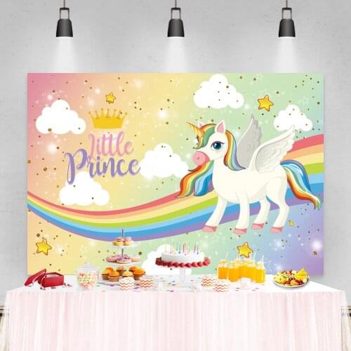 Laeacco Birthday Photozone Rainbow Clouds Unicorn Stars Crown Baby Shower Photography Backdrops Photo Backgrounds Photocall Prop