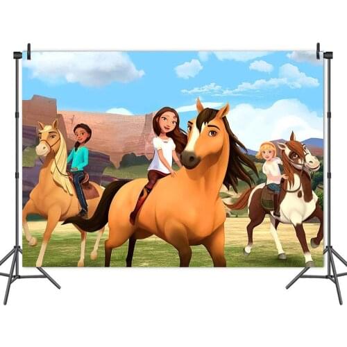 Cartoon Pony Girl Spirit Riding Happy Party Backdrop Photography Photo Children Birthday Table Decoration Pictorial Background