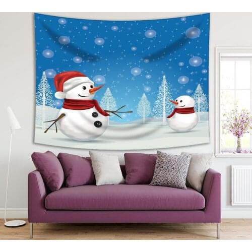 Tapestry Christmas Theme Snowmen Trees Snow Flakes Winter Landscape Cartoon White Blue Red Art Printed