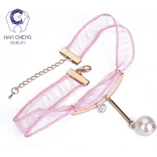 HanCheng New Fashion Golden Metal Link Zircon Pearl Pendant Choker Necklace Women Necklaces Lace Hollow collar jewelry bijoux