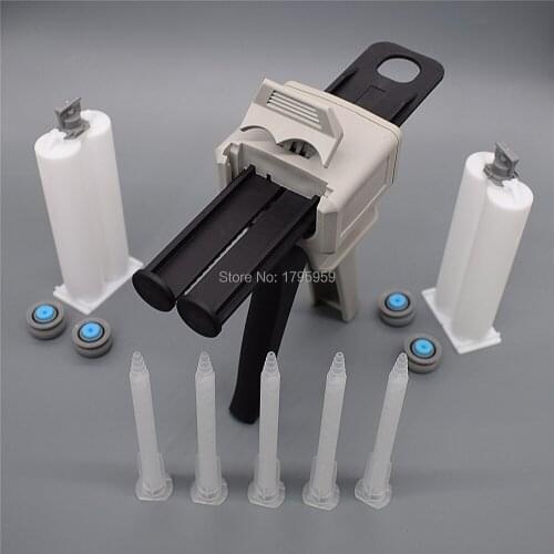 Glue Adhensive Caulking Gun 50ml 1:1 AB Glue Gun Dispenser with 2pcs 50ml Empty Dual-Barrel Cartridge 5pc Static Mixing Nozzles