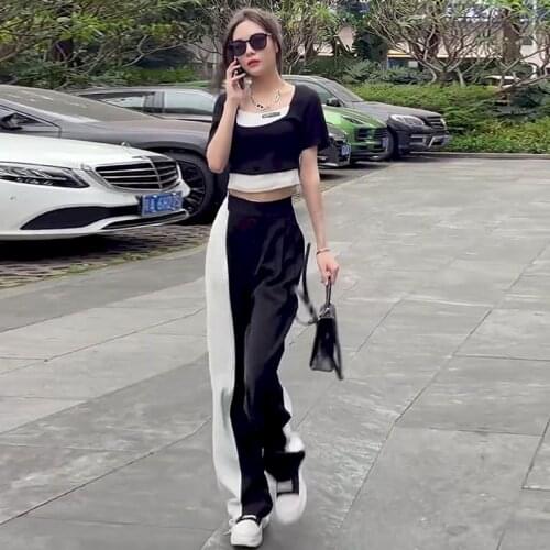 2021 Summer Womens Suit Fashion Suit Fake Two-piece Short-sleeved T-shirt and Casual Wide-leg Pants Two Piece Set Clothing Women
