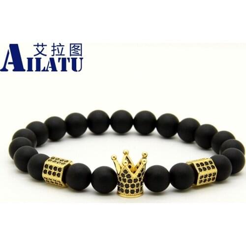 Black Cz Imperial Crown & Stoppers Bracelet Ailatu Powerful Mens Jewelry 8mm Matte Onyx Stone Beads Fashion Gift