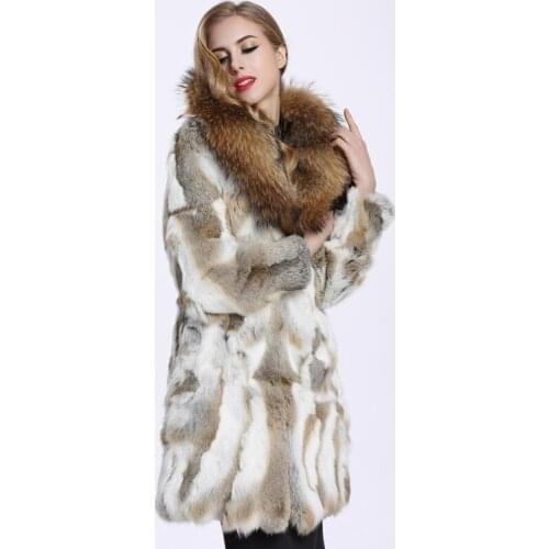 New genuine natural real rabbit fur coat women fashion jacket with big raccoon fur collar ladies outwear custom any size