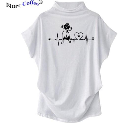 NEW Funny Women Tshirt Batwing Sleeve Heartbeat Dog Print Hipster T Shirt Women T-shirt Turtleneck Girl Tee Shirt Plus Size