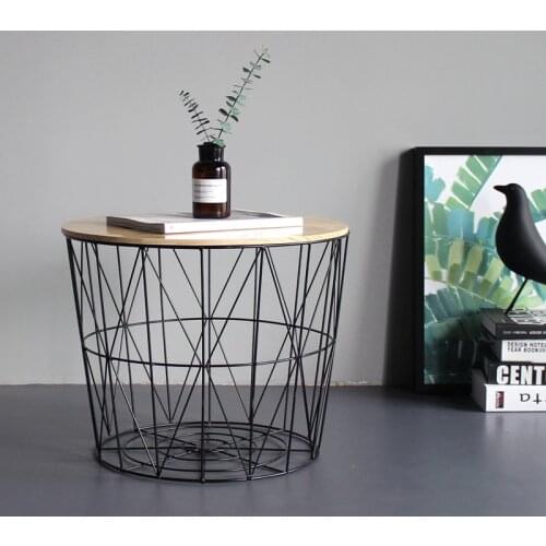 Wind Iron Side Table Small Coffee Table Solid Wood Small Round Table Bedside Table Corner Storage Basket Basket Storage Basket