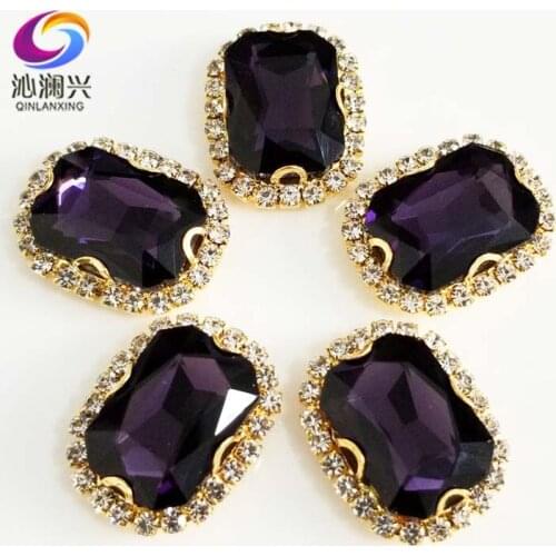 Gold bottom Deep purple Rectangle shape top quality glass crystal buckle,sew on rhinestones for diy jewelry accessories SWCBG18