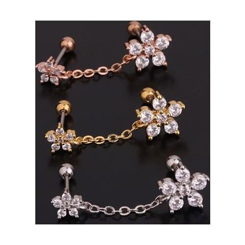 1 PCS Simple Double Bar Ear Piercing Cartilage Earring Trendy Cute Flower Shape Micro Pave CZ Chain Two Hole Ear Stud Cuff