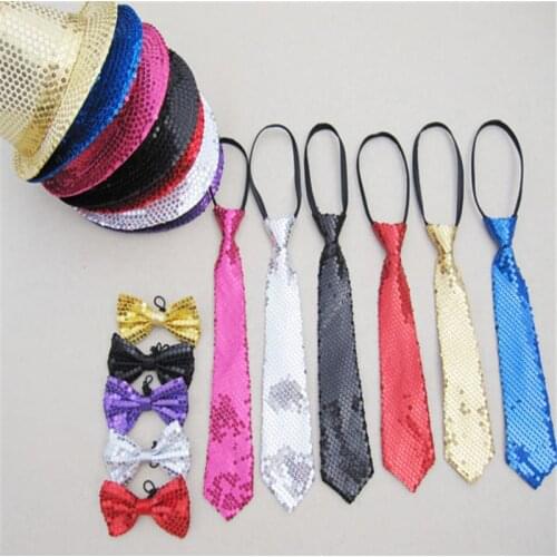 Hat + Tie + Bow Tie 3in1 Set Unisex Adult Bling Jazz Caps Hat Sequin Fedora Hats for Women Men Street Dance Party Costume