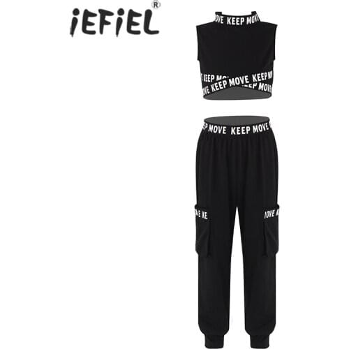 Kids Girls Dance Clothes Sport Suit Tanks Crop Tops Cargo Sweatpants Modern Teens 4-16Years Girls Jazz Hip-Hop Streetwear Outfit