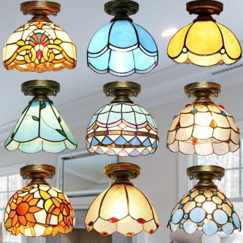 Vintage Retro Mediterranean Ceiling Lamps AC110V-220V Stained Glass Aisle Hotel Restuarant LED Balcony Lamp Lighting