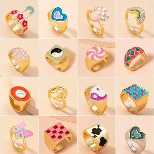 VIVILADY Retro Harajuku Copper Alloy Pin Flowers Mushroom Heart Rainbow Tai Chi Cube Leopard Rings Unisex Jewelry Drop Shipping