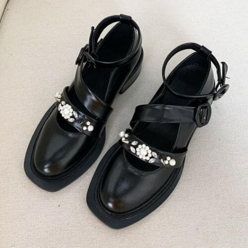 Retro Womens Shoes Pearl Rivet Belt Buckle Round Toe Female Vintage Thick Heel Lolita Shoes Preppy Shoes Mary Janes Shoes