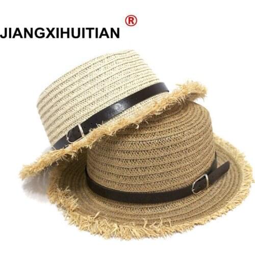 2018 Hot Sale+Flat top straw hat Summer Spring womens trip caps leisure Belt beach sun hats Raffia Fringe Straw Cap chapeau