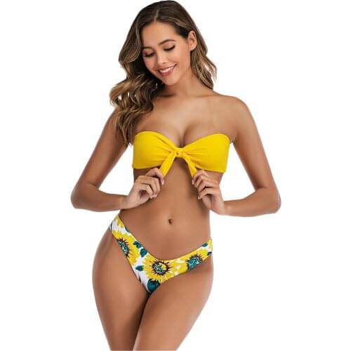 Women bikini swimsuit 2021 Sexy Tube top Sunflower Print Front Knot Swimwear High Waist Bikini Set Two Piece Swimsuit Monokini