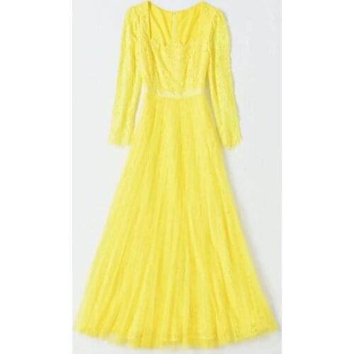 High Quality Brand New Lace Long Dress 2021 Autumn Women Sexy Tulle Mesh Patchwork Long Sleeve Party Maxi Dress Pink Yellow